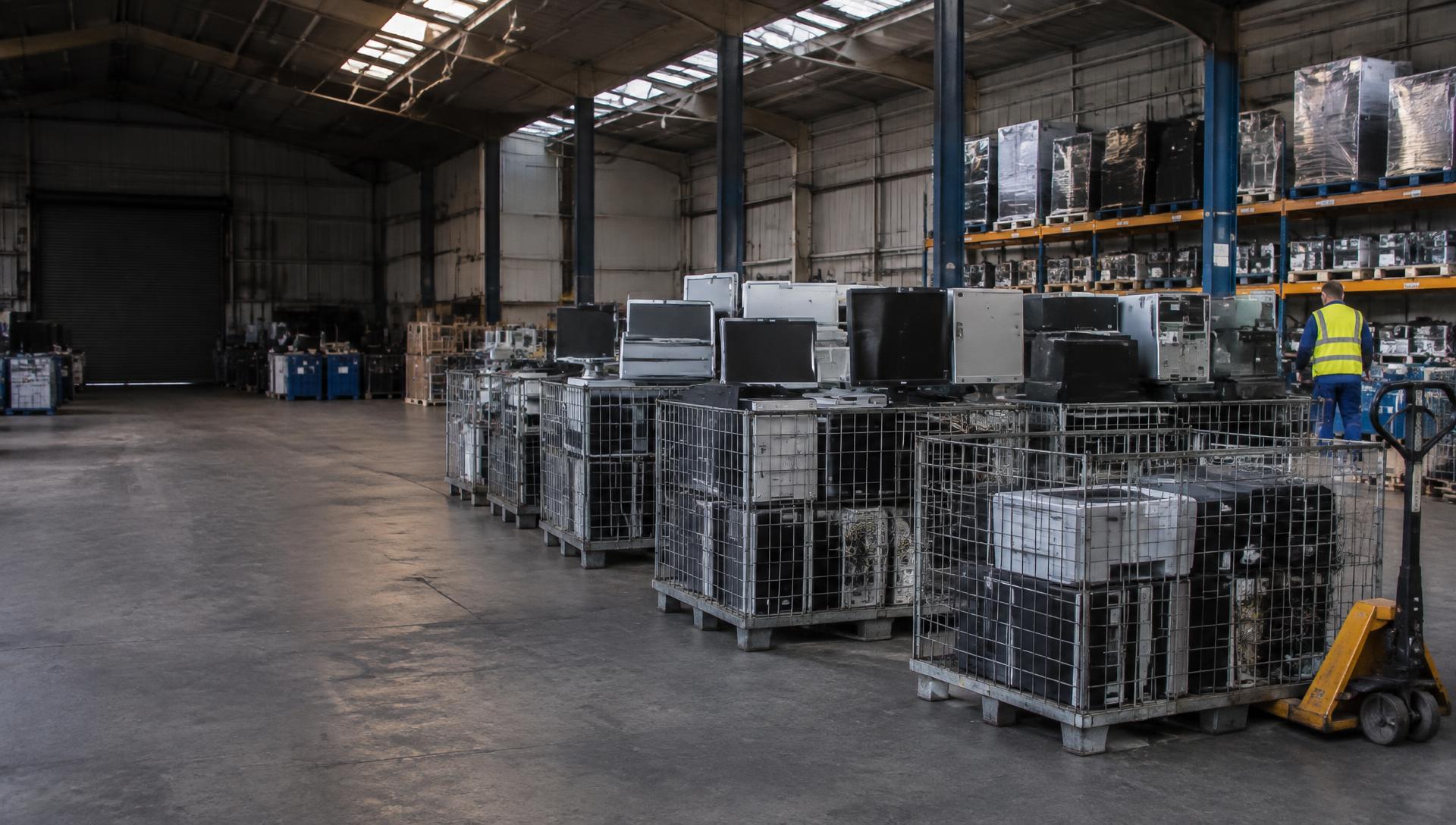 Electrical equipment in collection cages at an illustrative recycling depot
